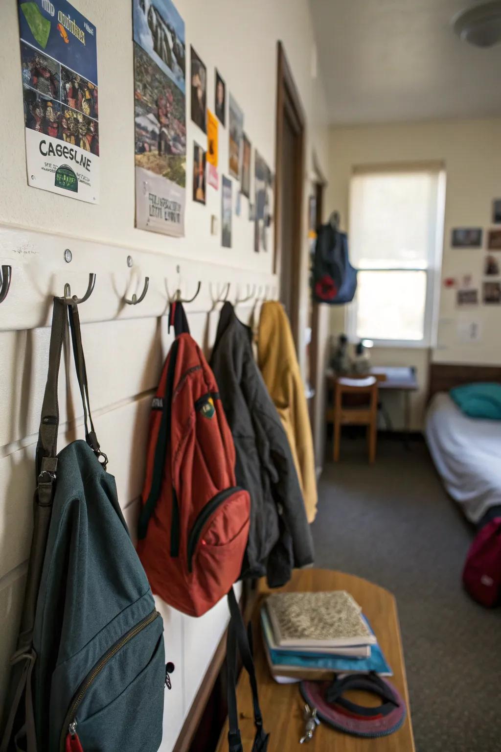 Keep your dorm tidy with wall hooks.