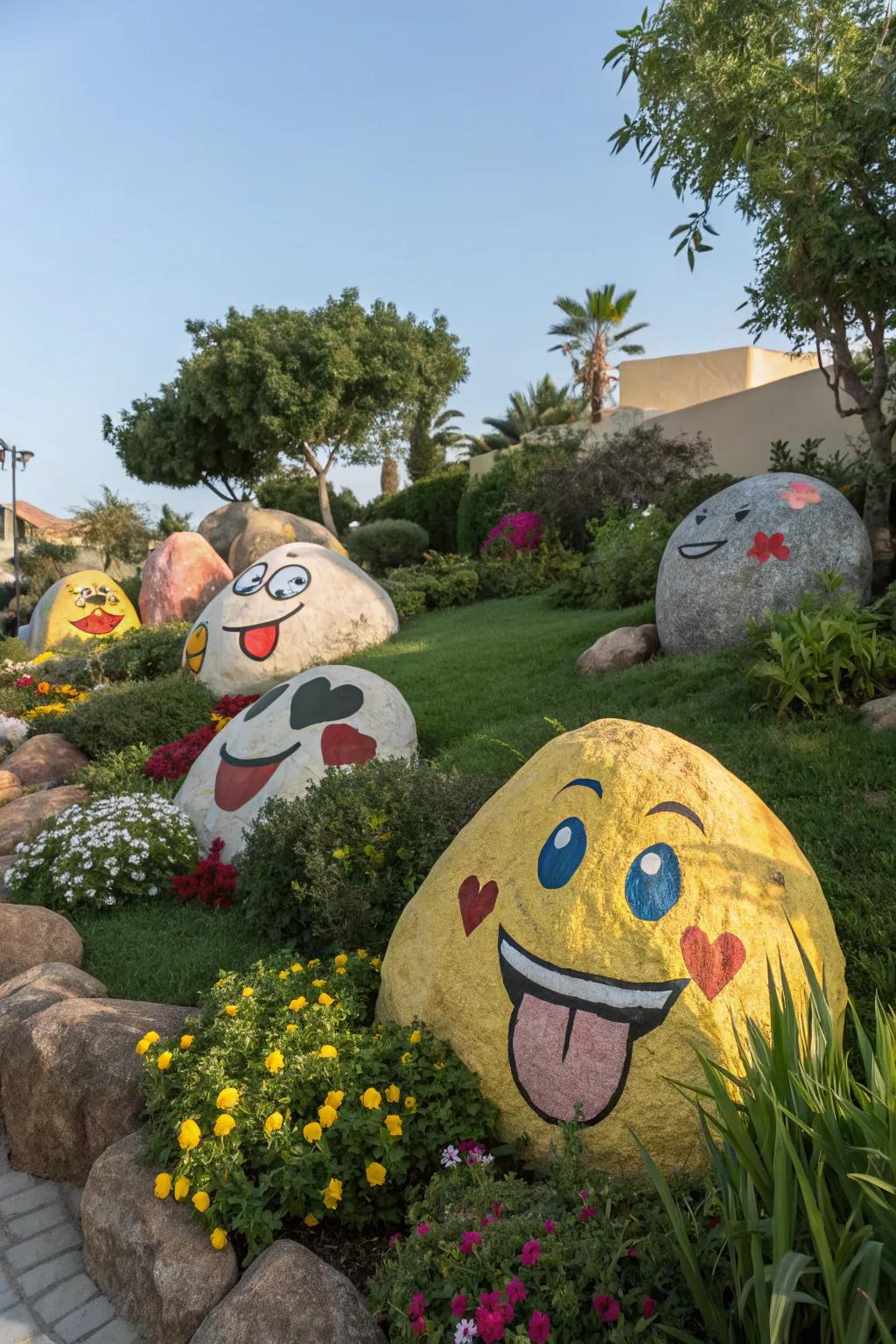 Add fun to your garden with expressive emoji rocks.