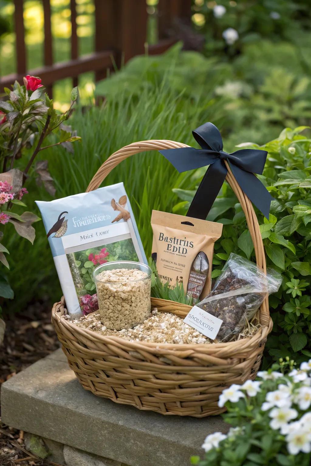 A bird feeder gift selection creating a comprehensive and considerate gift.