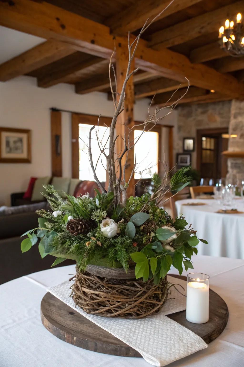 A natural centerpiece seamlessly brings the outdoors inside.