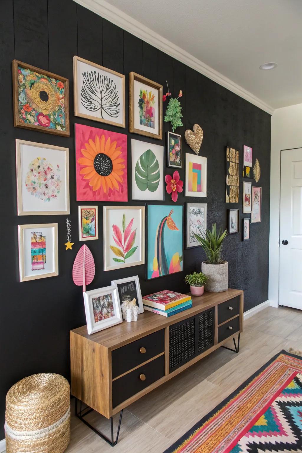 A black statement wall adorned with vibrant artwork, creating a striking visual effect.