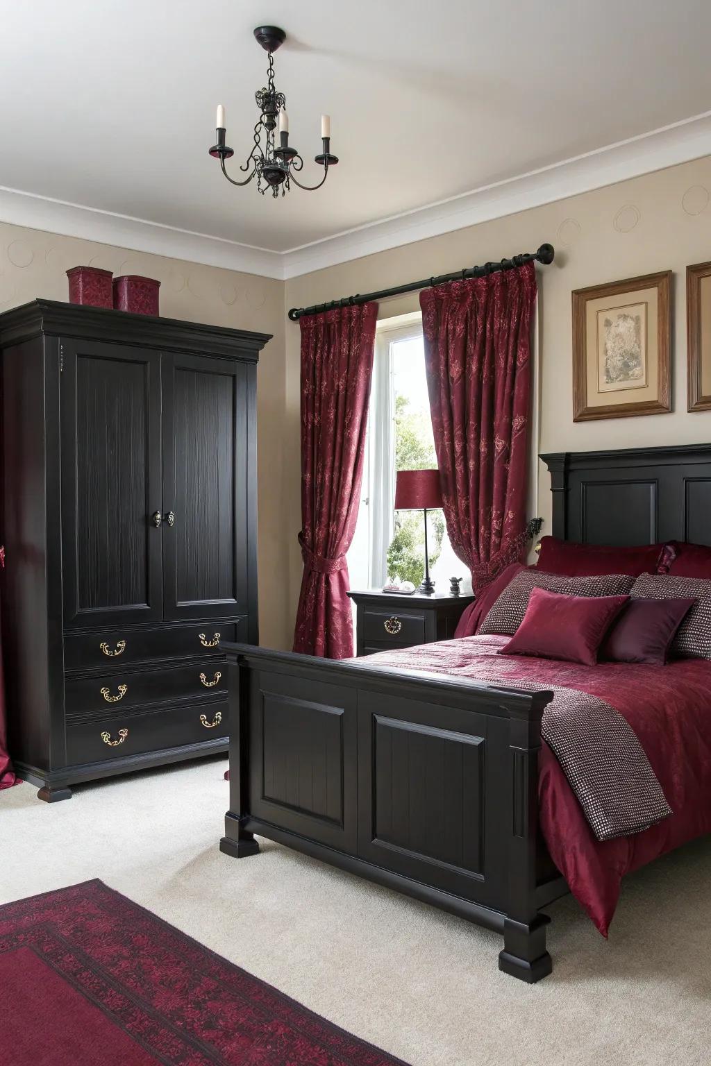 Matching black furniture with burgundy features fashions a modern, harmonious look.