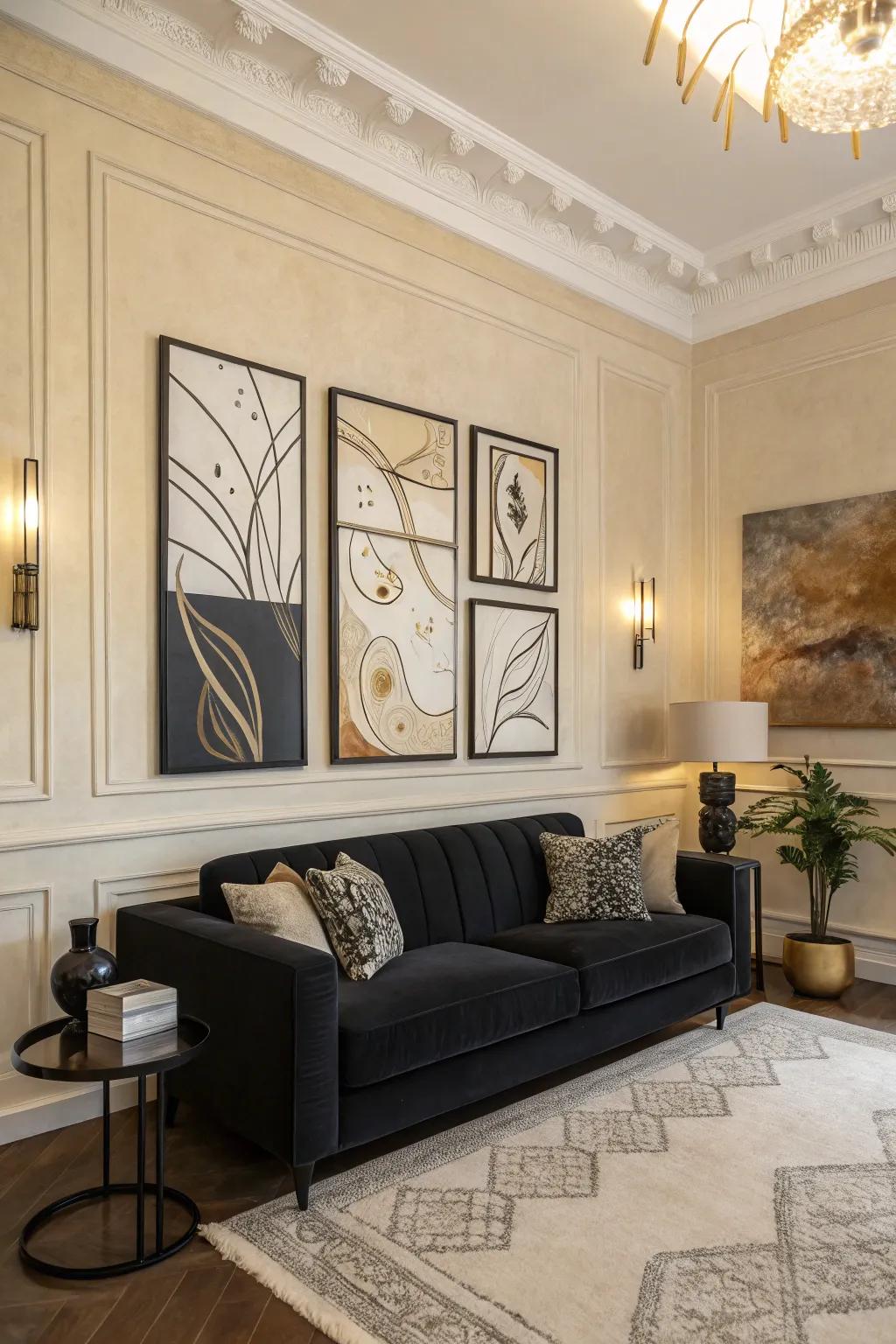 Abstract wall art introduces a personal touch to a sophisticated ebony and ivory decor.