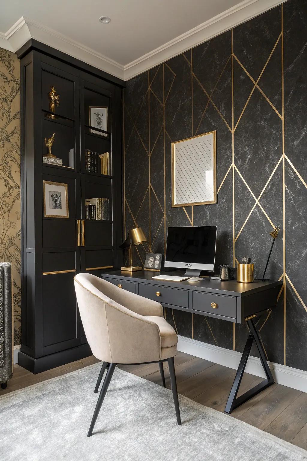 Textured walls enhanced with gilded highlights contribute depth and opulence to your office design.