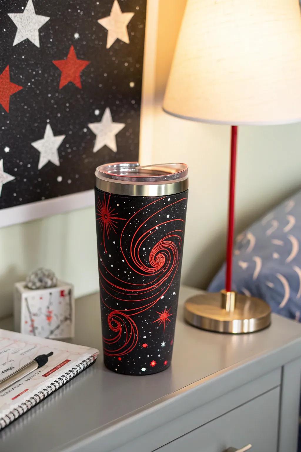 A mystical galaxy-themed tumbler that captures the beauty of space.
