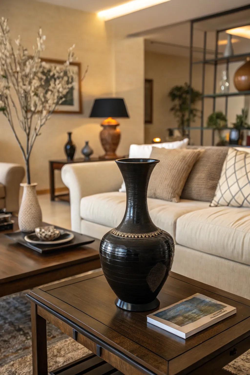 A dark vase serving as an appealing focal piece in a dark and pale living space.