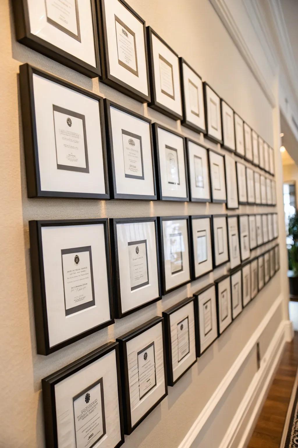 A modern seating chart display adds an artistic touch to the wedding decor.