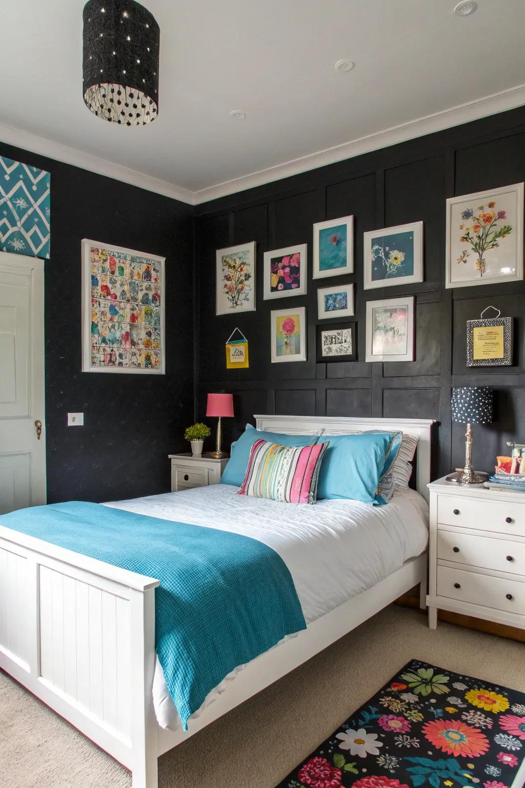 Dramatic dark walls create a striking backdrop for this bedroom.