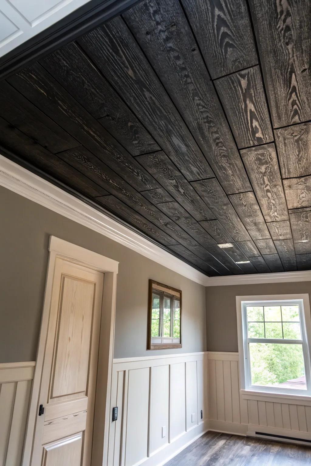 A room design with a textured black ceiling adding personality and luxury.