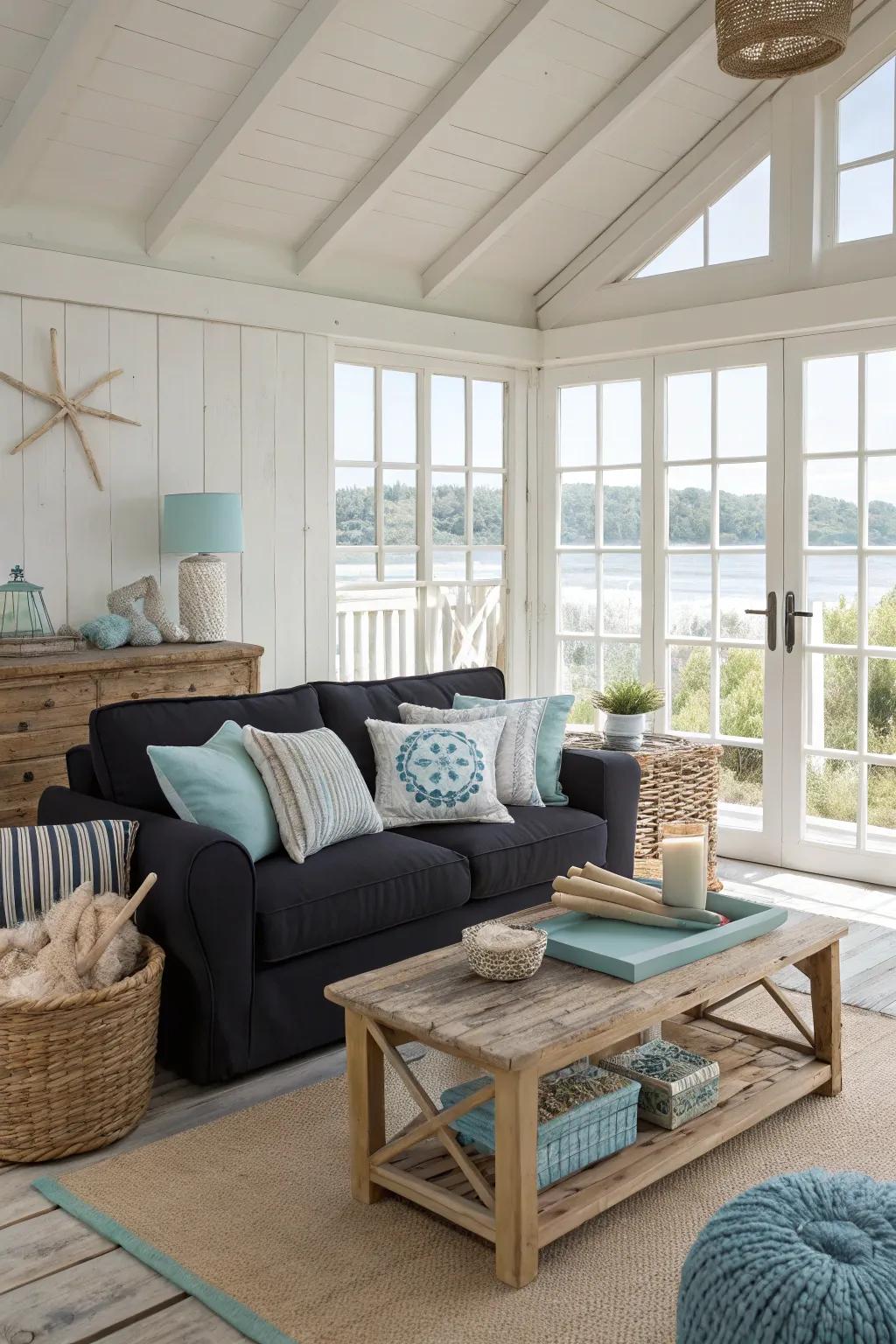 Coastal comfort with a black couch.