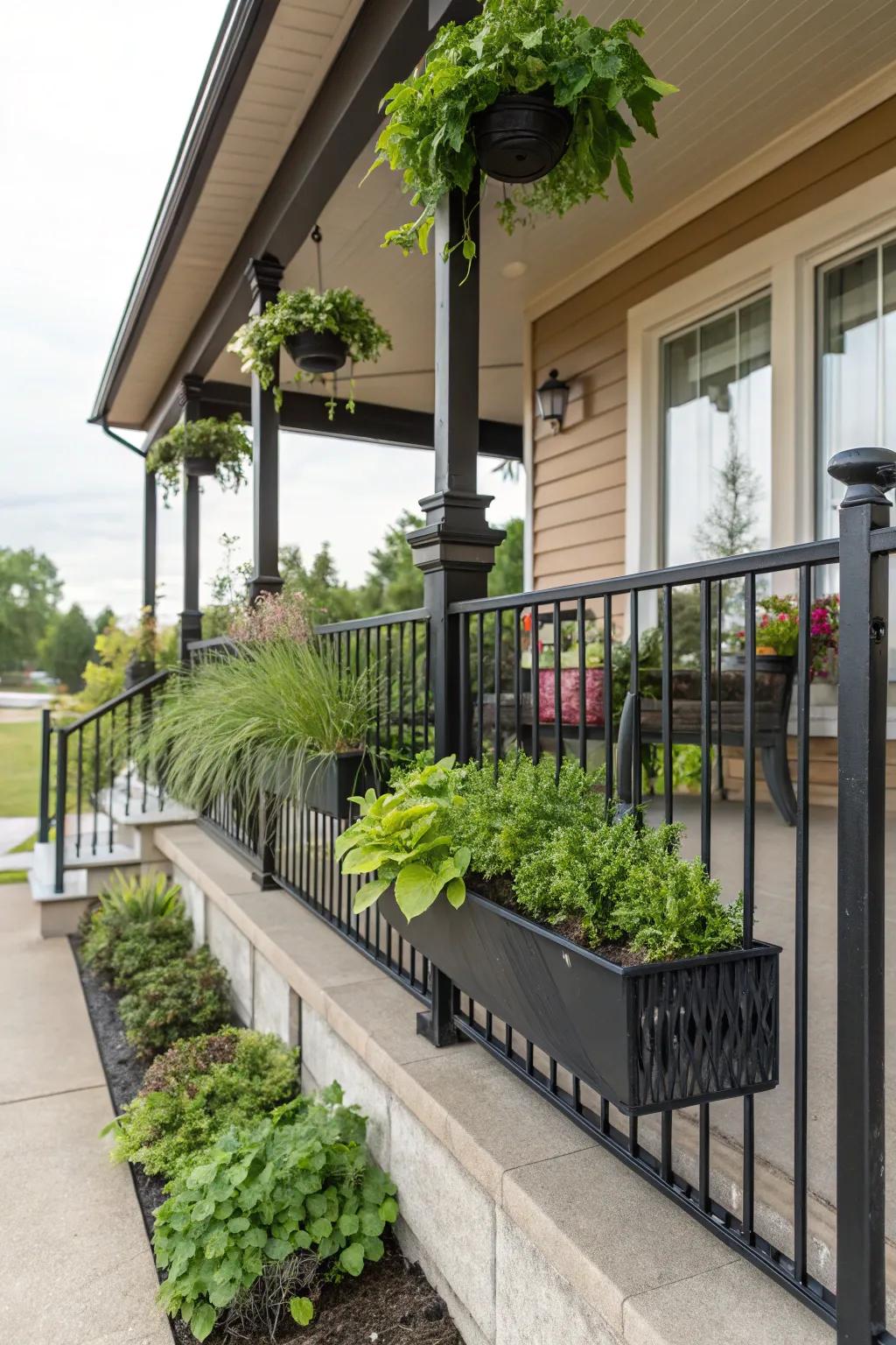 Add greenery with railings for a natural porch feel.