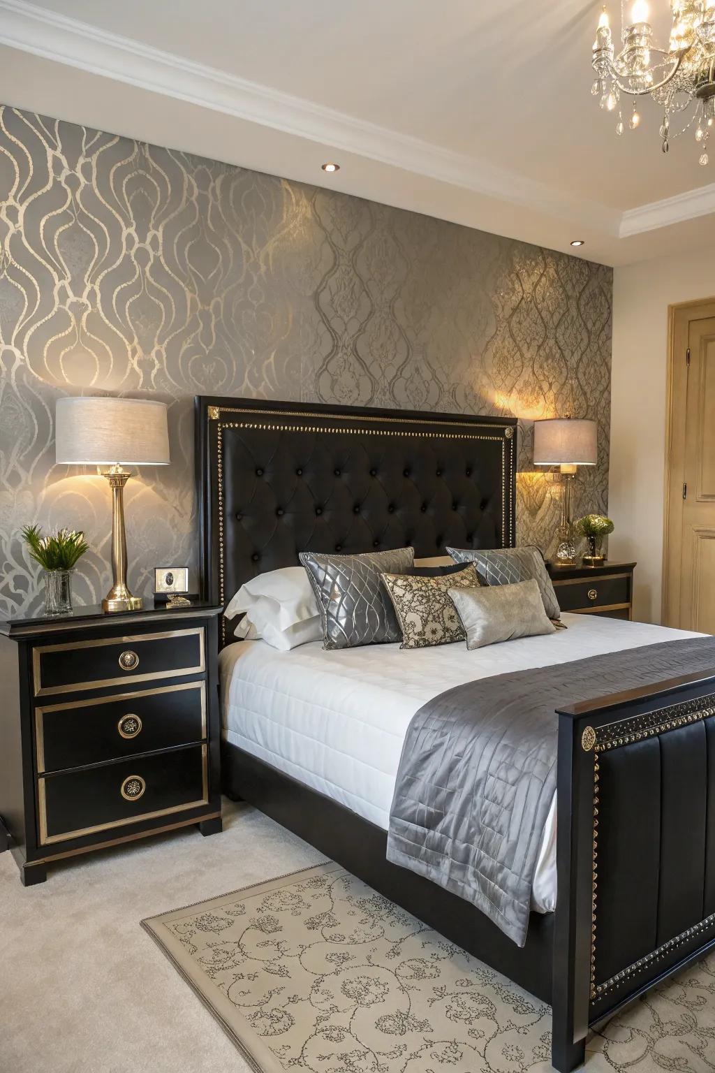 Glamorous bedroom with bright touches and a dark headboard