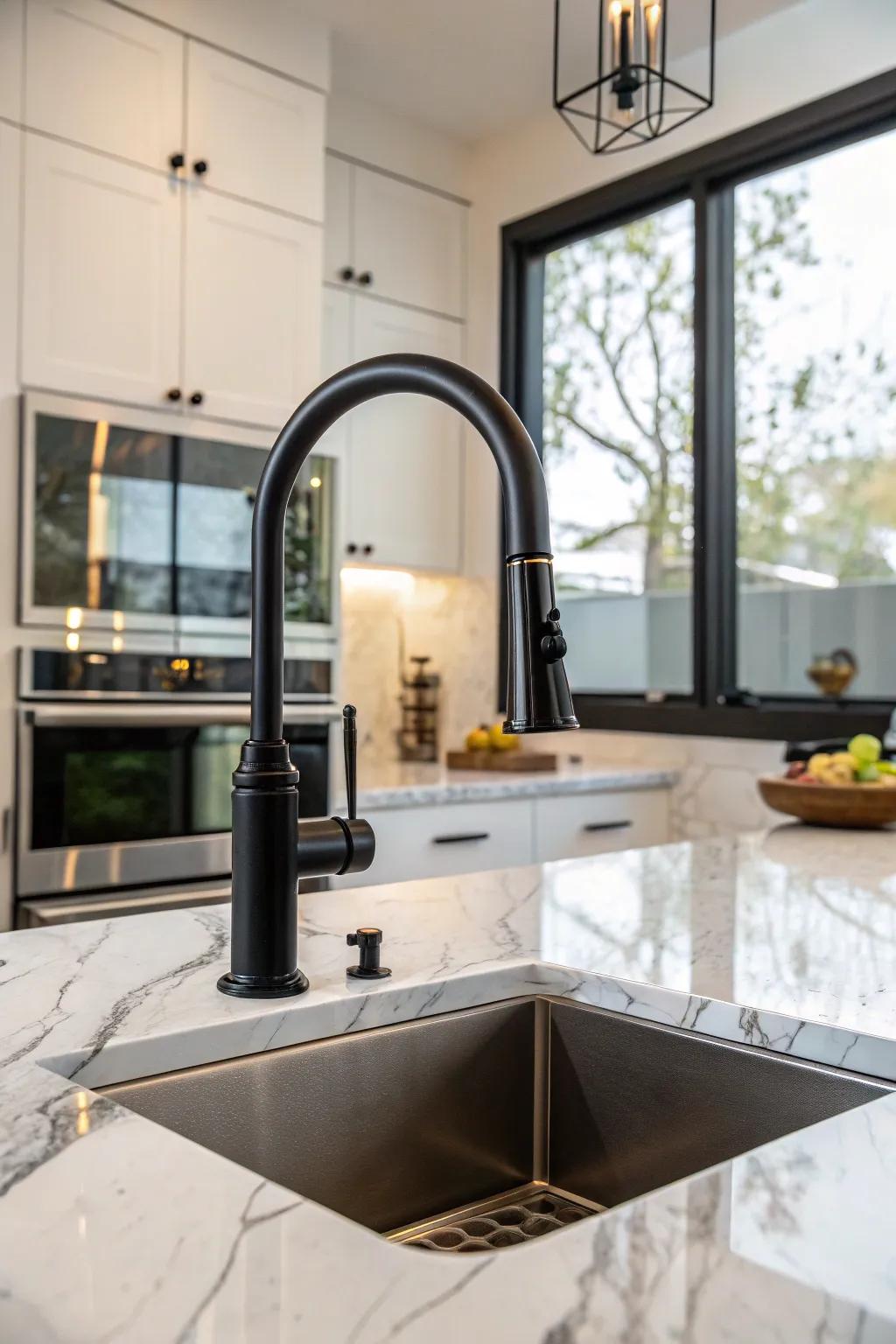 Function meets style with this dark toned faucet equipped with a pull-down sprayer.
