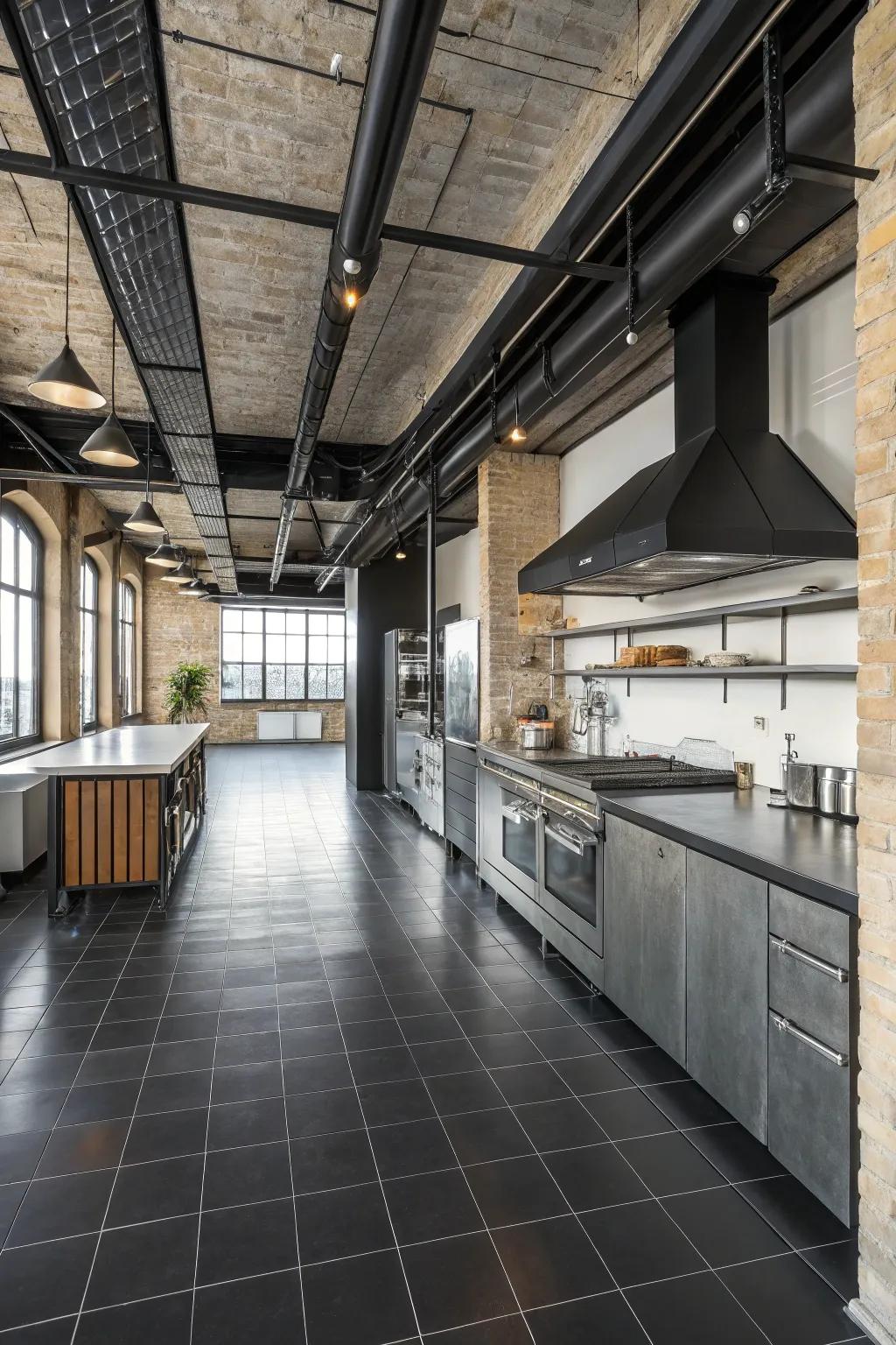 An industrial kitchen with black floors and metal pieces.