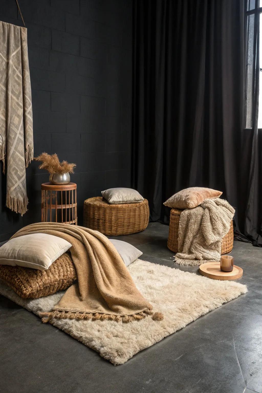 Comfortable components like plush rugs and throws soften a dark room.