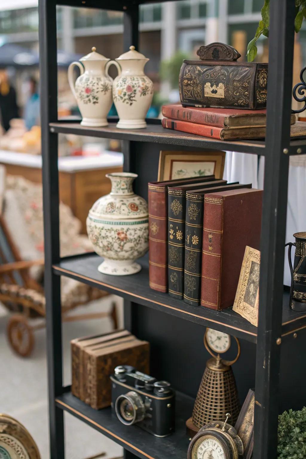 A themed collection creating a unified display on a black shelf.