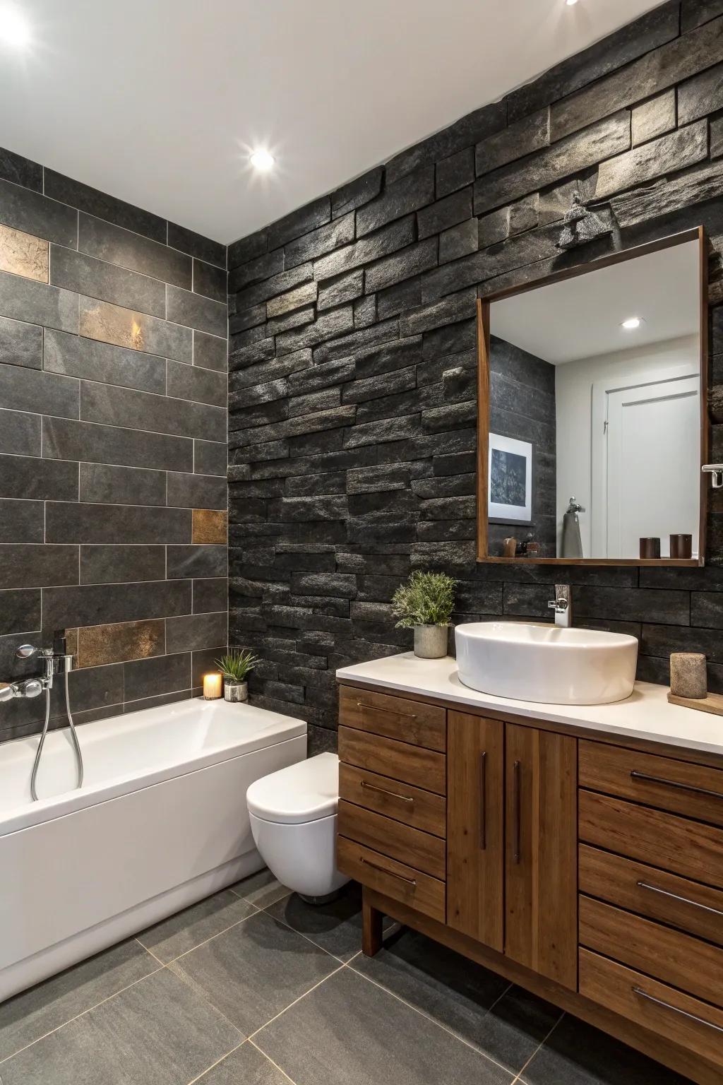 Embossed rock panels add natural charm to the bathroom.
