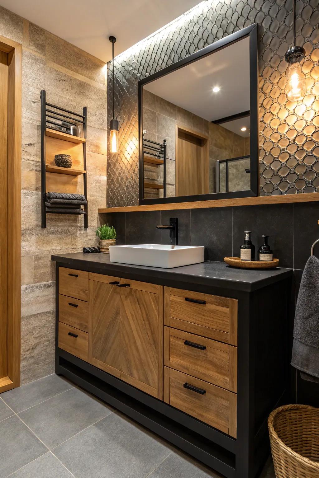 Wooden elements introduce warmth and a natural feel to a dark vanity setup.