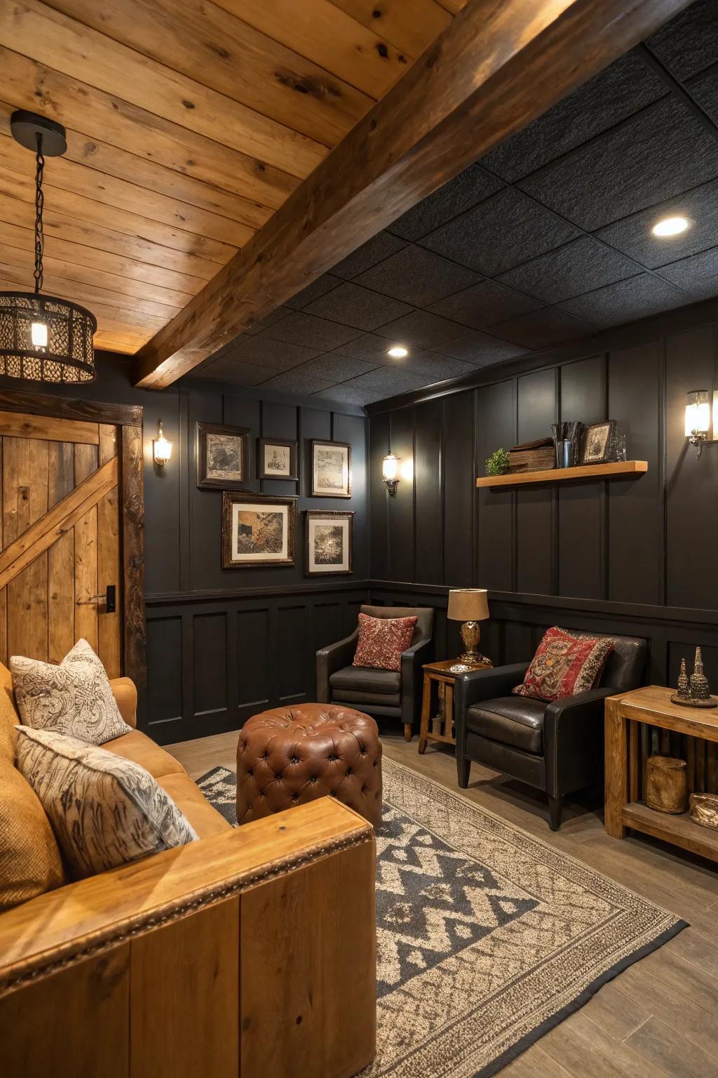 A rustic den featuring a modern touch of black wainscoting.