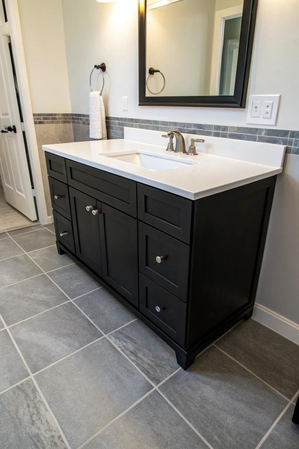 A dark sink with bright tops creates a chic, balanced look.