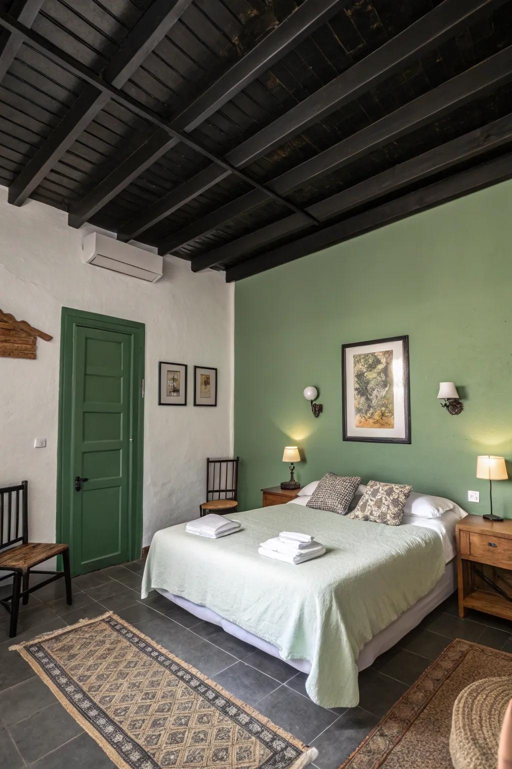 A striking charcoal ceiling paired with green walls for a cozy effect.