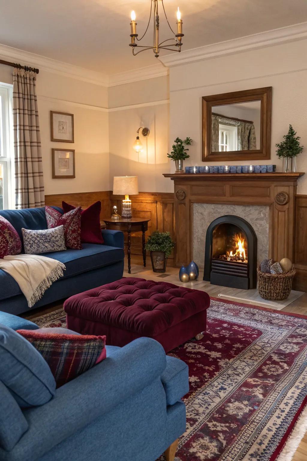 The hearth becomes a cozy focal point with surrounding sapphire and wine decor.