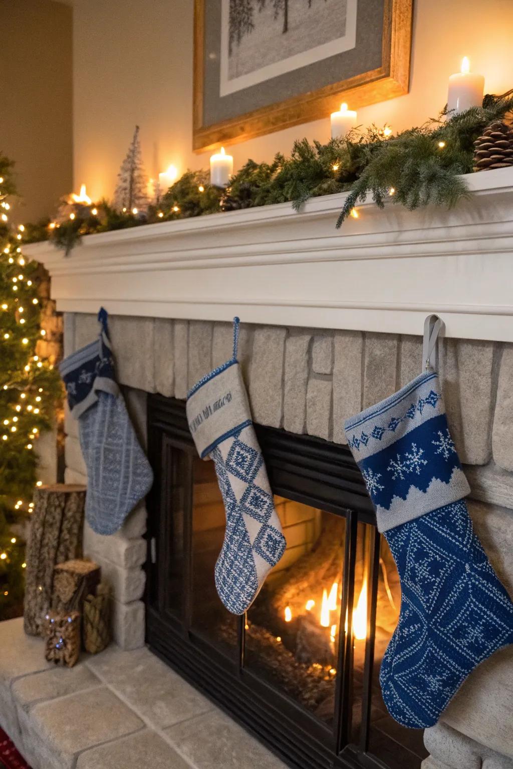 Azure and silver stockings contribute a unified aspect to holiday design.