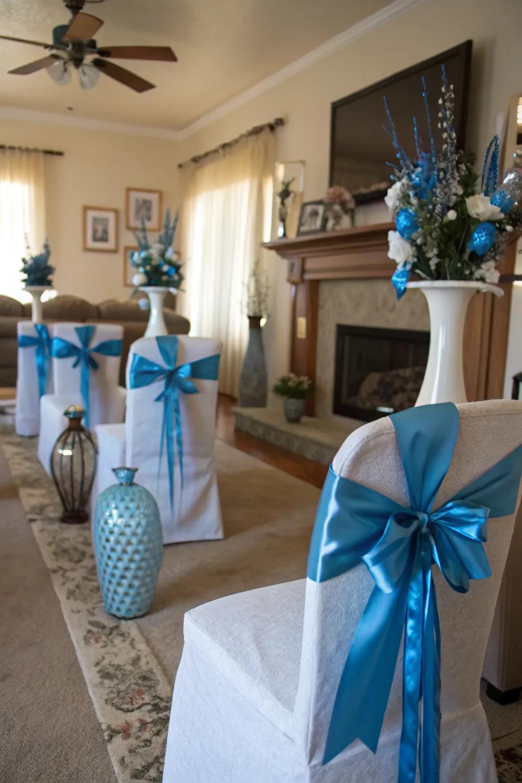 Elegant blue ribbon and bow accents for Christmas