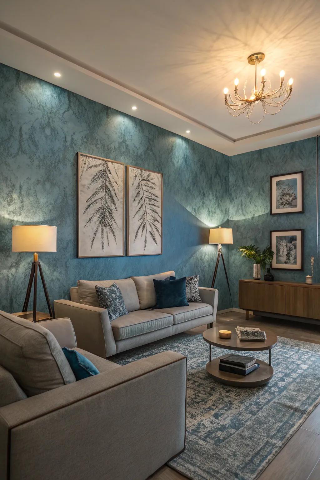 Textured blue walls add depth and intrigue to this stylish living room.