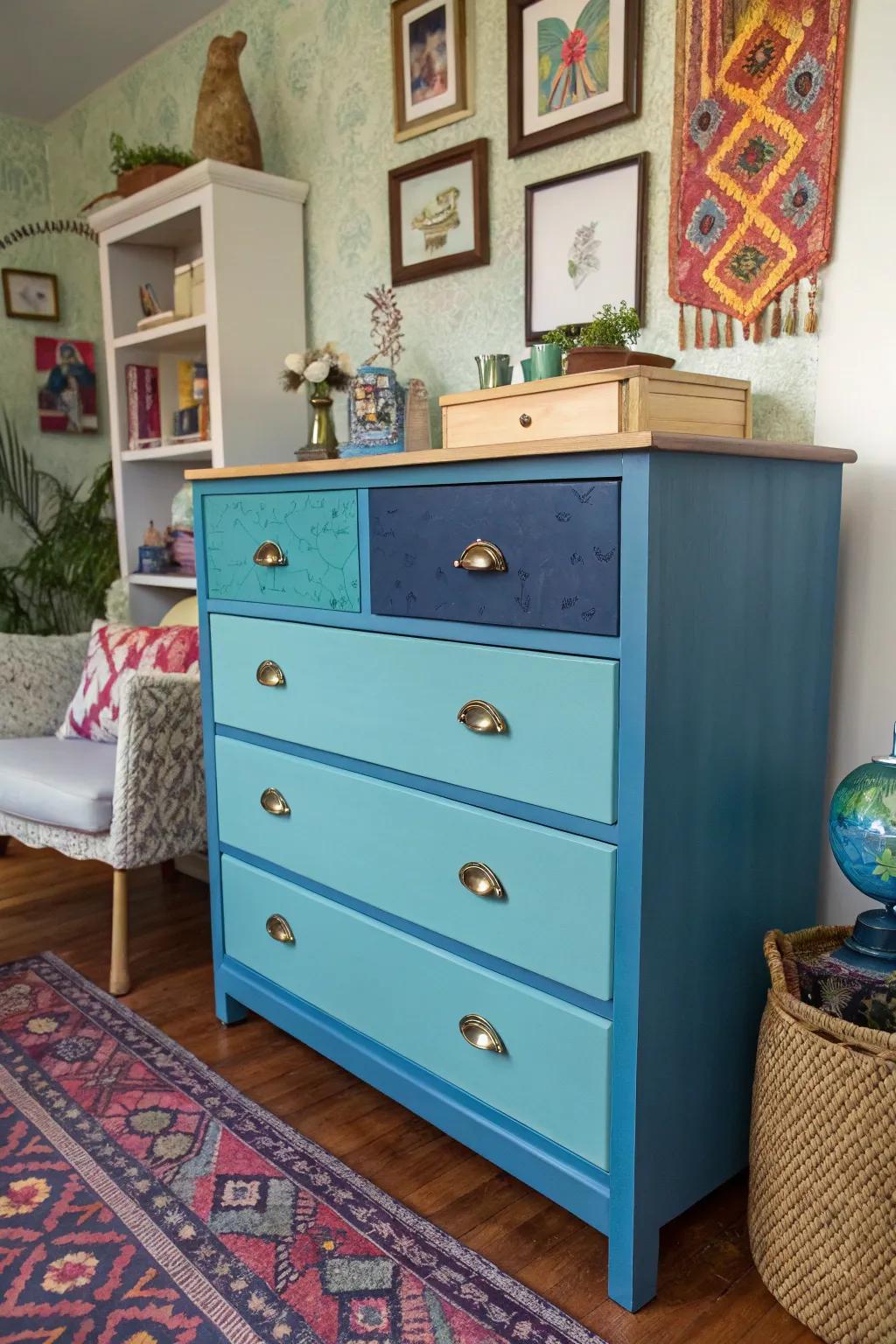 A dresser featuring multi-shade blue drawers adding a whimsical touch.