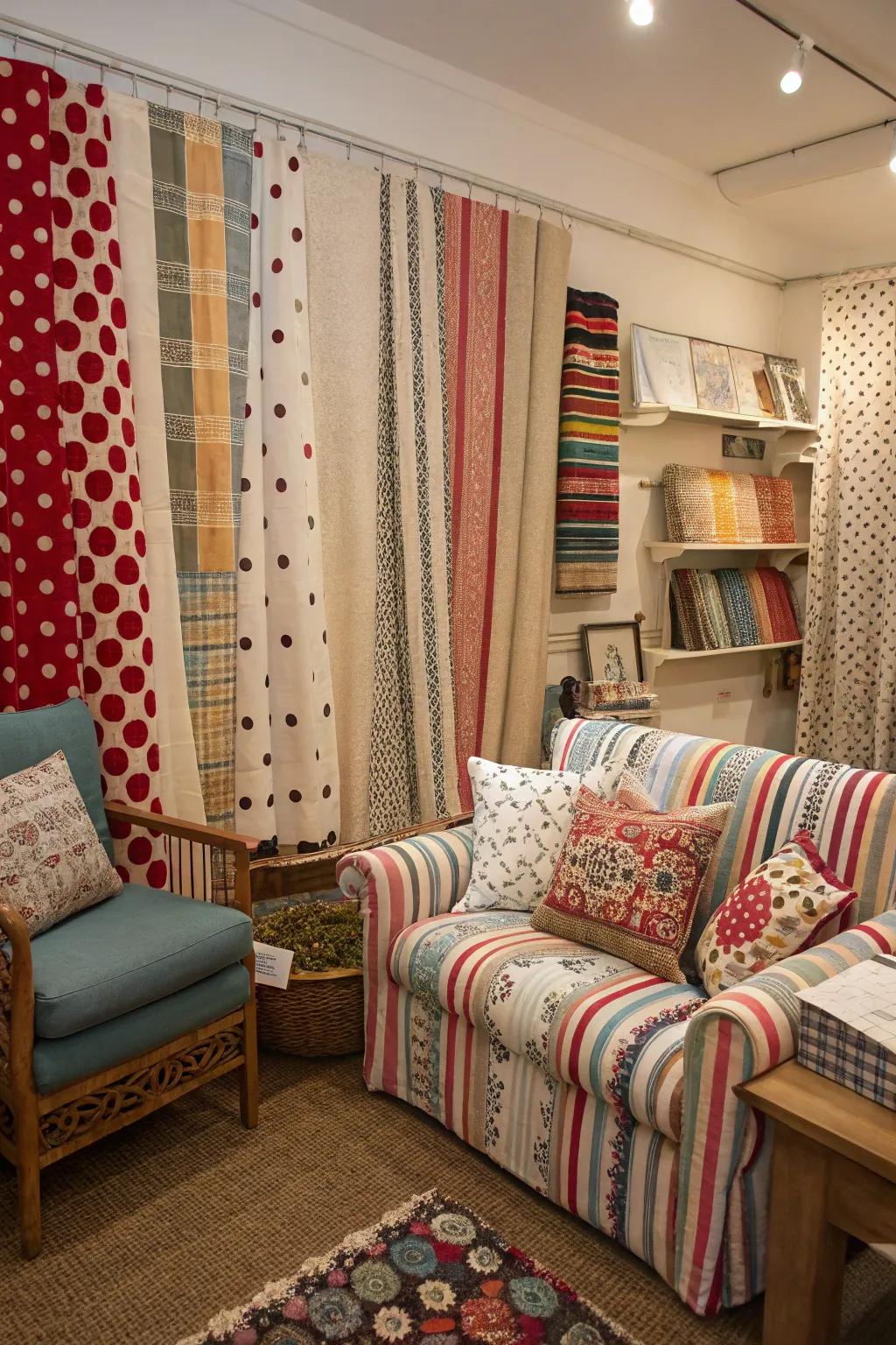 Blending patterns in fabrics includes a vibrant touch to the azure aesthetic.