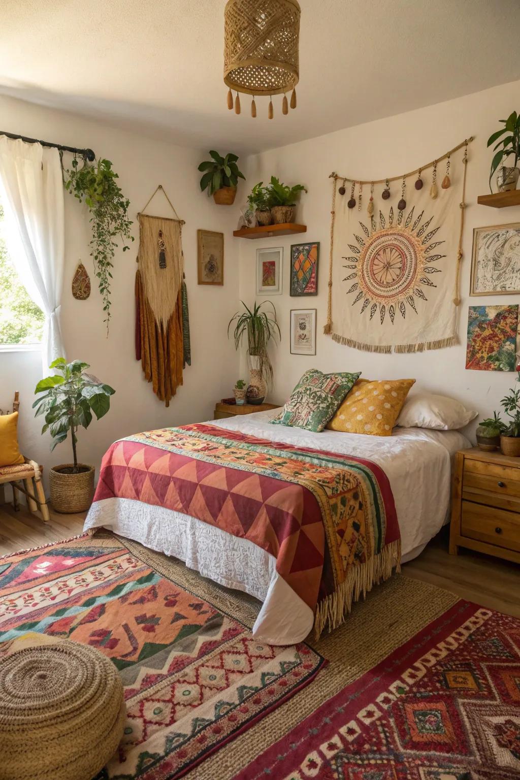 Handcrafted decorations enrich character and authenticity in this boho bedroom.