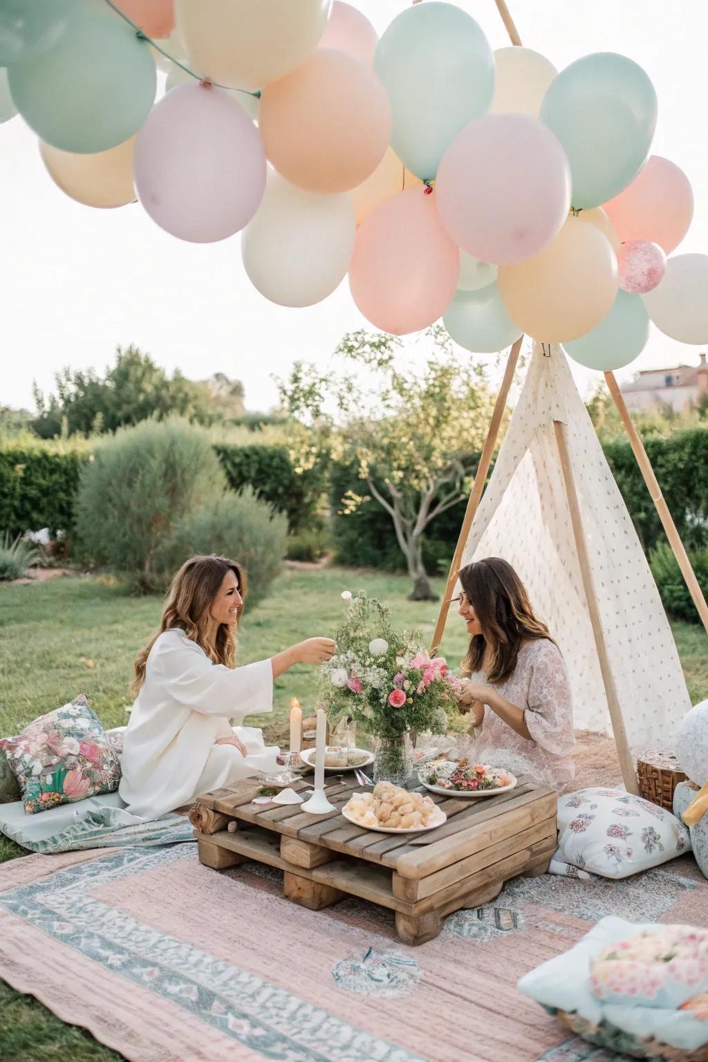 Playful air balloons add a cheerful aspect to the boho brunch decorations.