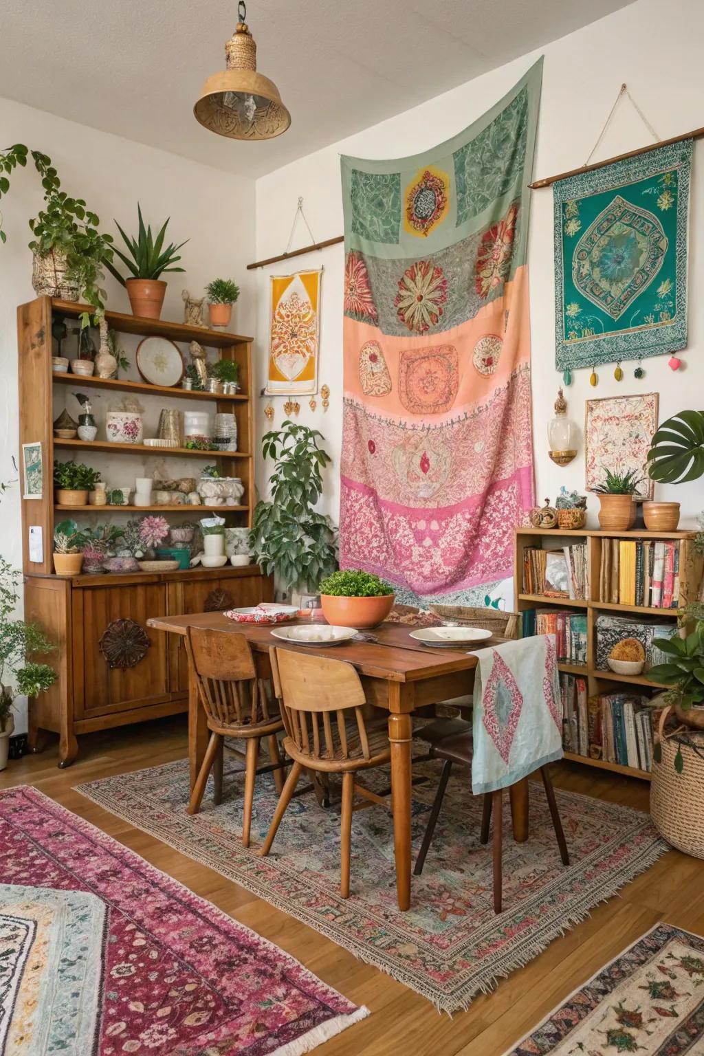 Individual touches with antique decor in a boho dining space.