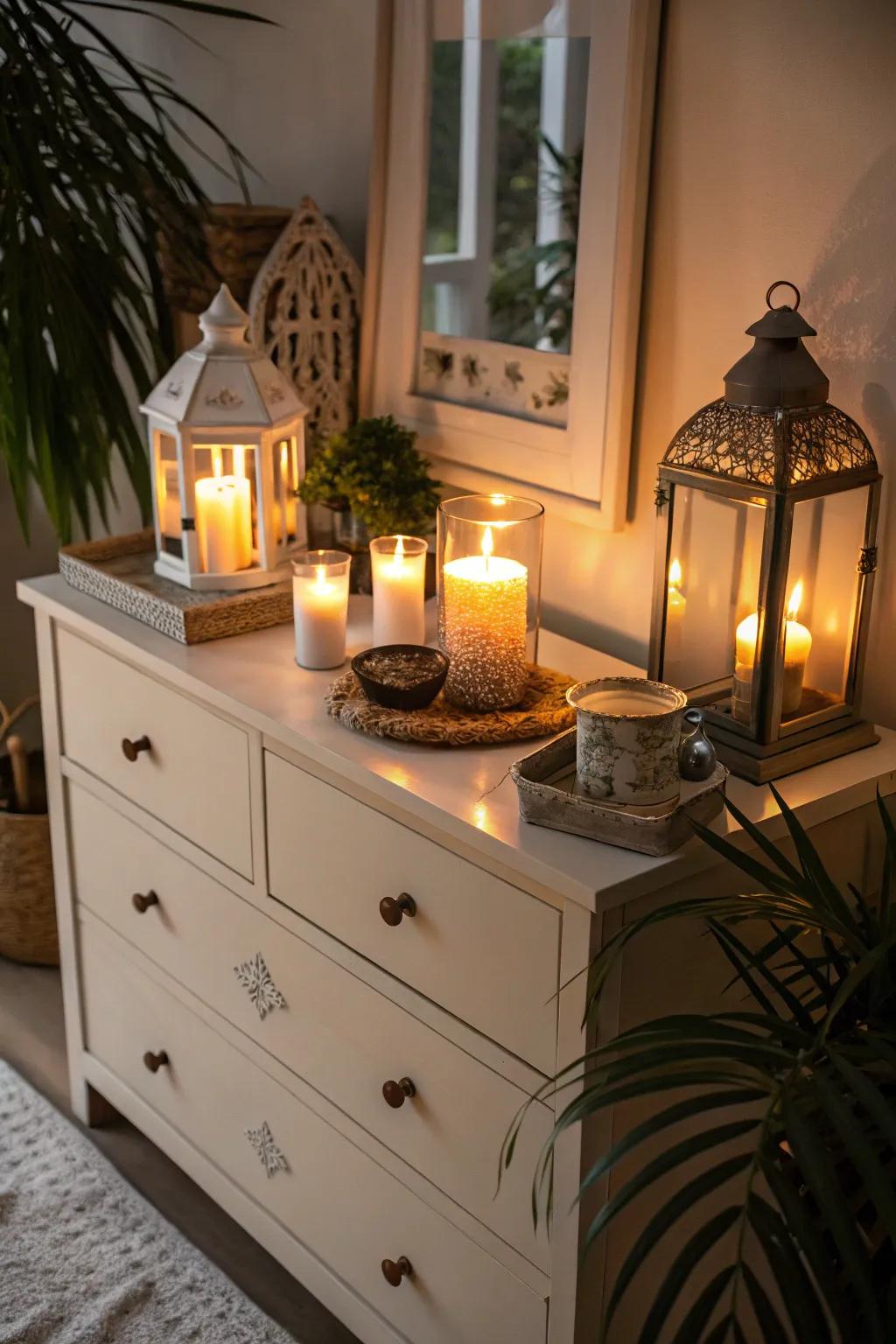 Candles and lanterns offer a soft, inviting glow to this boho dresser.