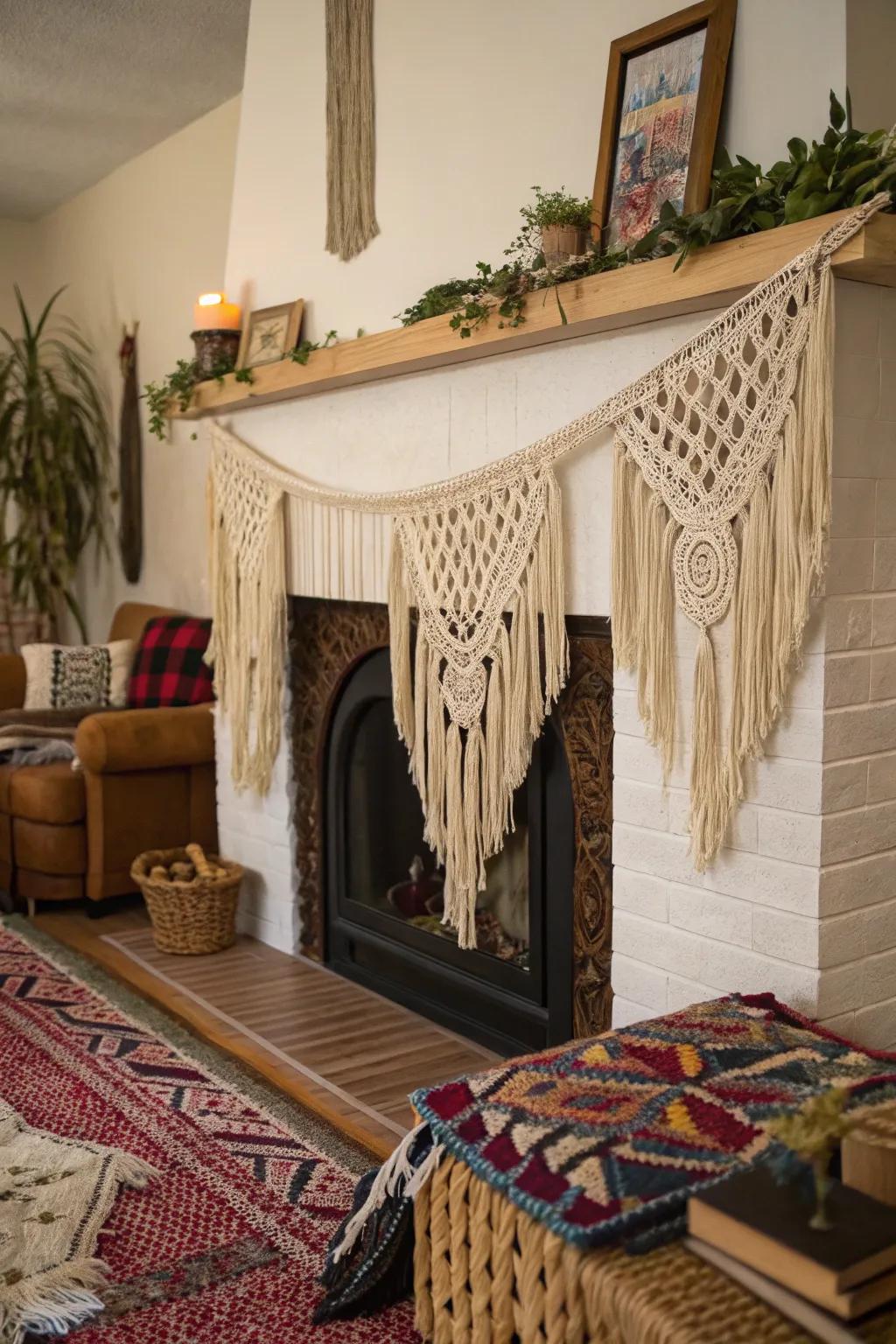 A fireplace ornamented with macram&eacute; hangings and tassels, displaying bohemian sophistication.