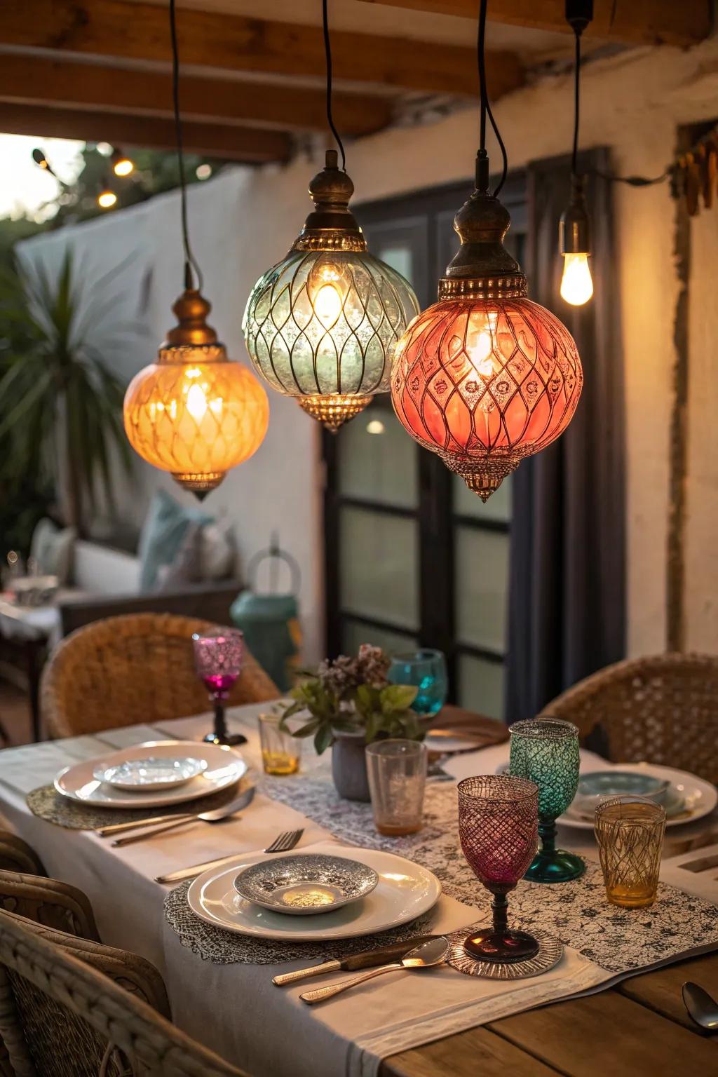 Tinted glass pendant lights crafting a lively ambiance in a dining space.
