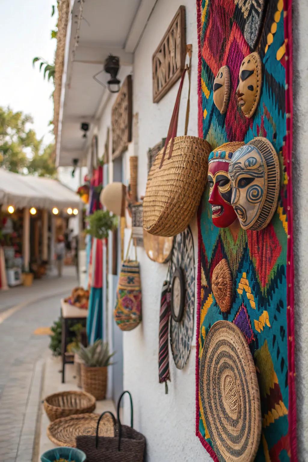 This bohemian wall is given a personal and global touch by travel souvenirs.