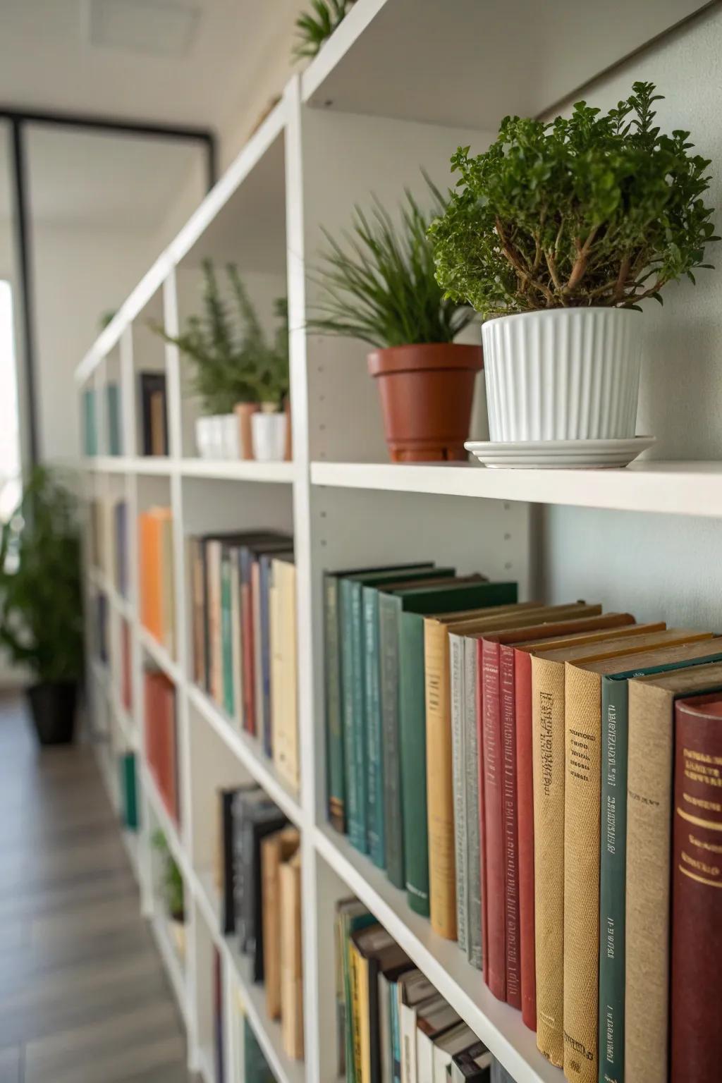 Infuse your bookshelf with a natural touch using beautiful greenery.