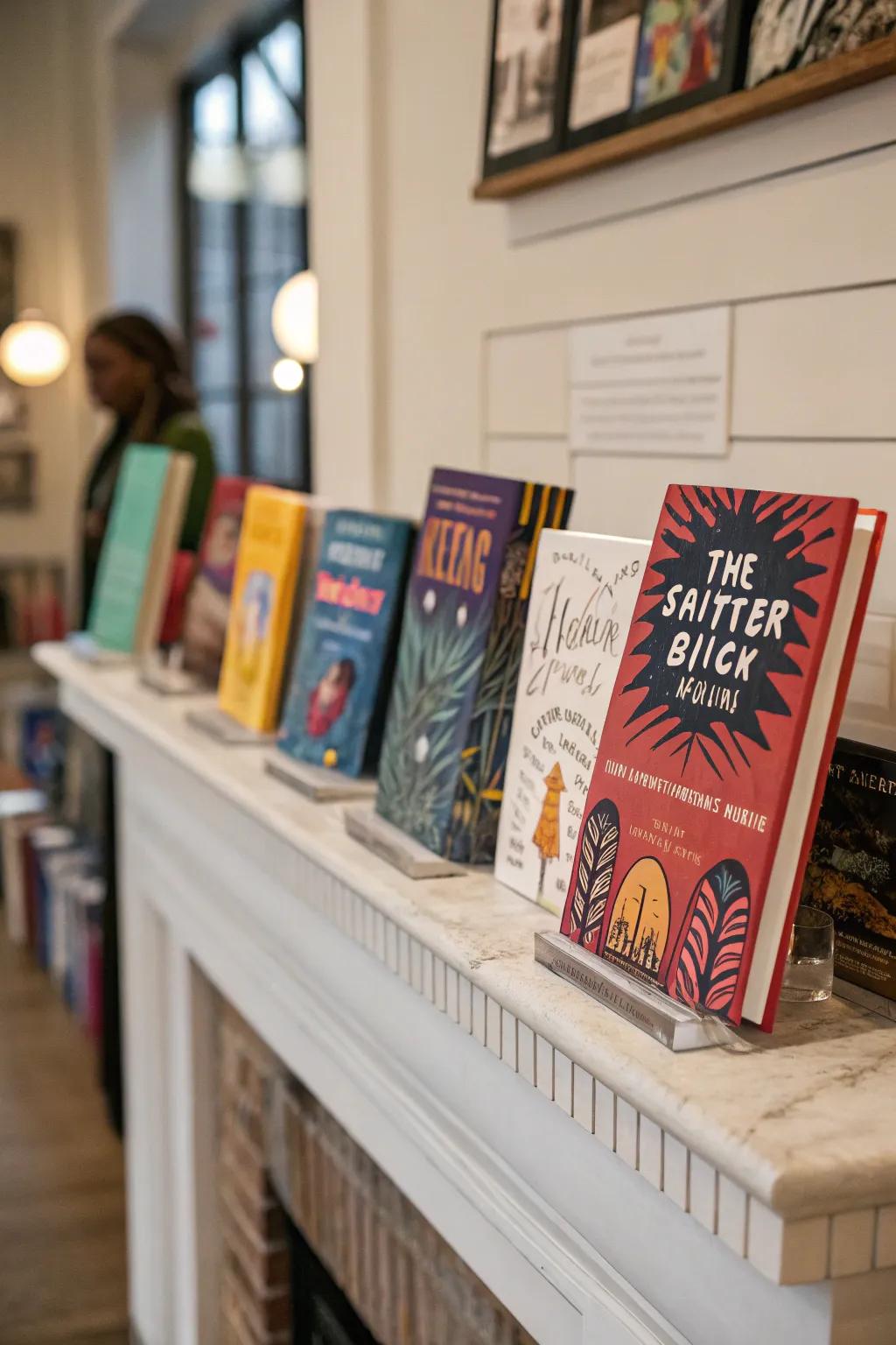 Book covers displayed as art create a literary exhibition.