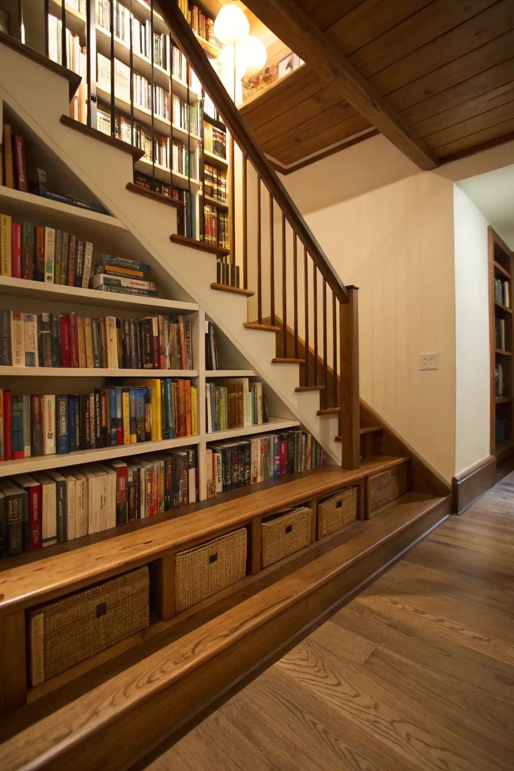Integrated bookshelves beneath the staircase.