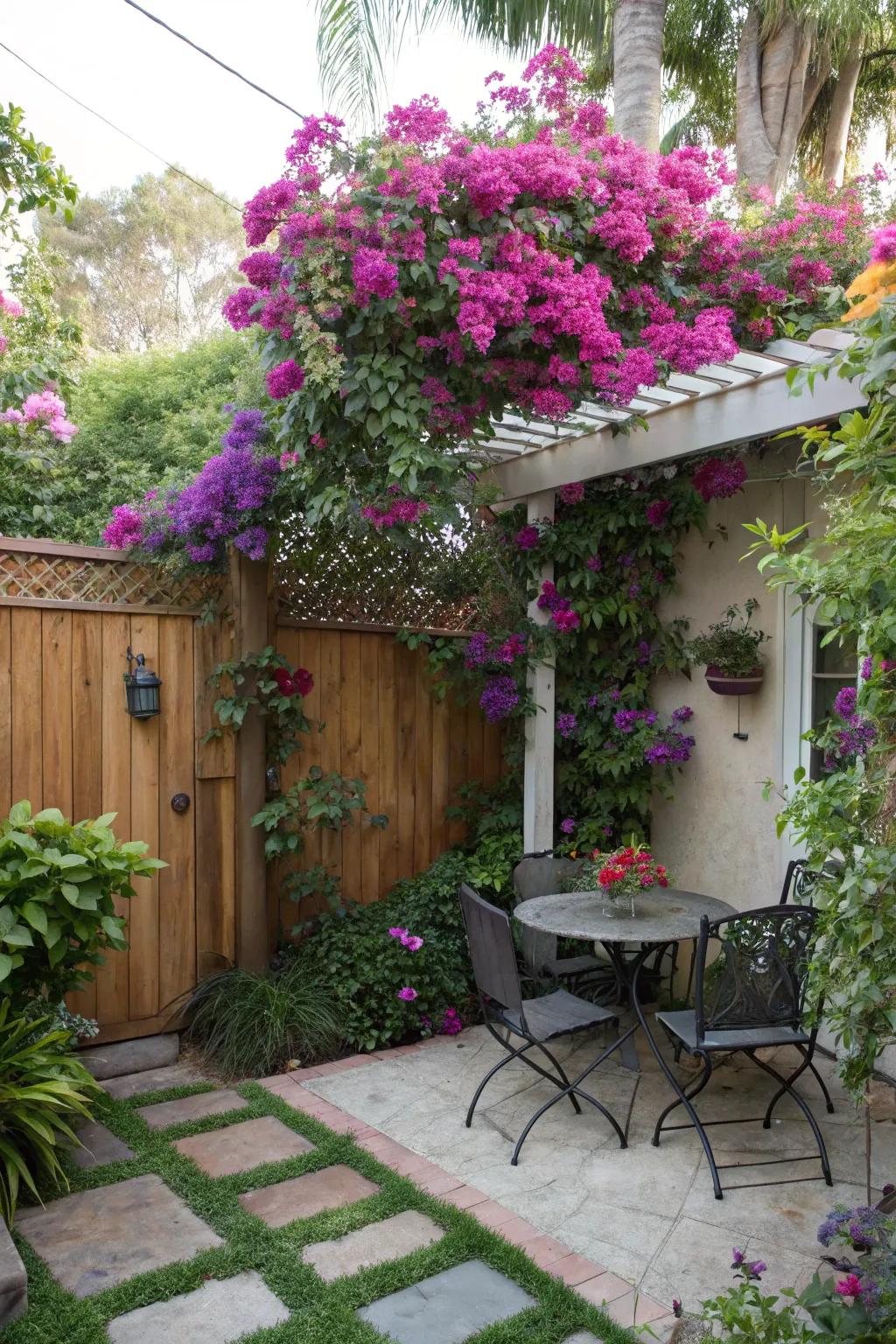 A vibrant bougainvillea screen providing privacy in a backyard.