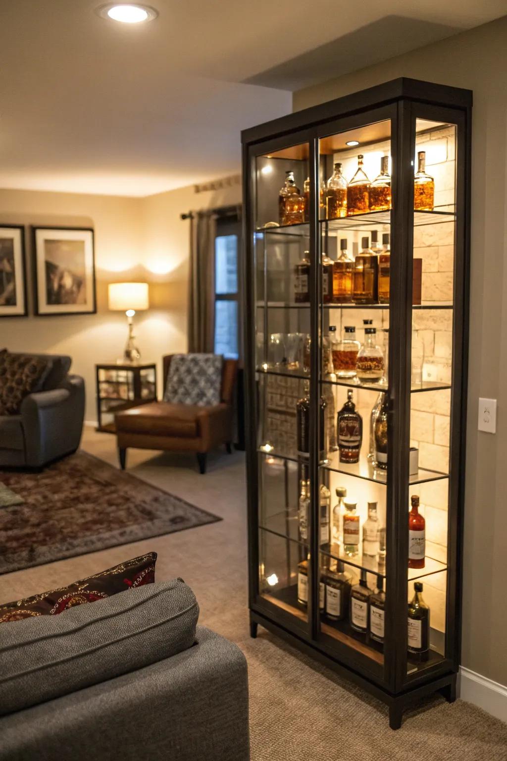 A glass showcase unit beautifully highlights your bourbon collection.