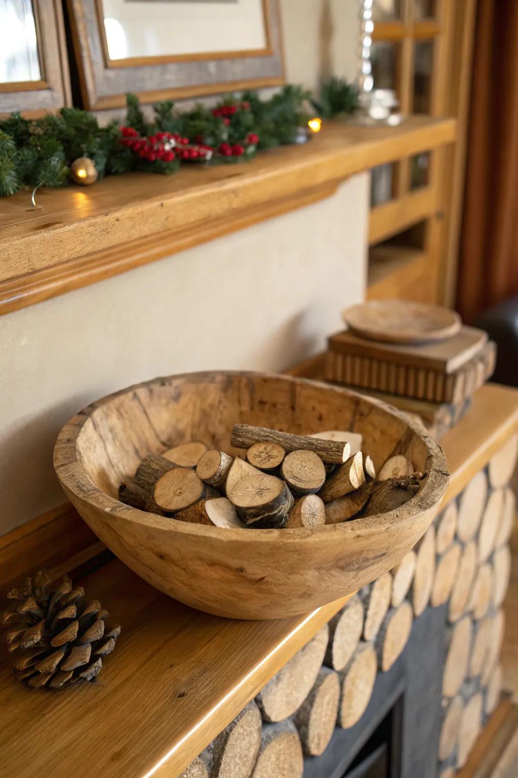 A bowl featuring small wooden pieces for a natural touch