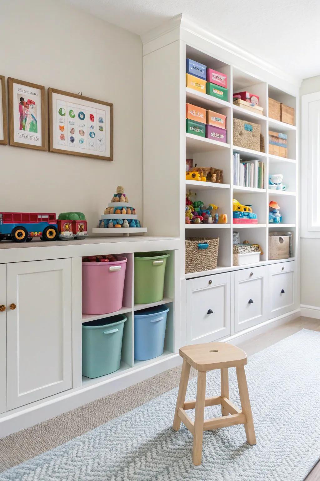 Tailored storage that keeps the playroom neat and organized.