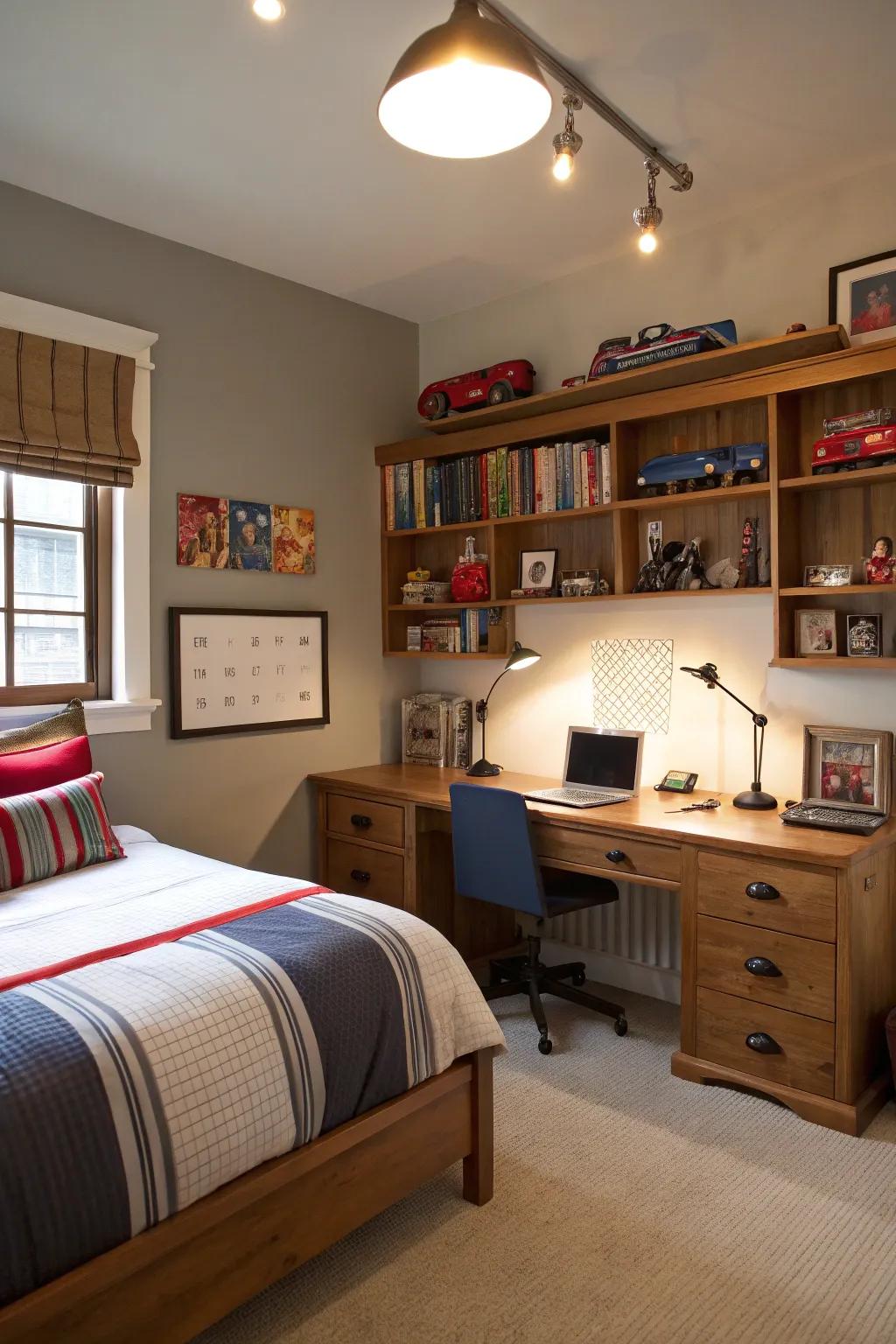 Varied lighting enhances the room's functionality.