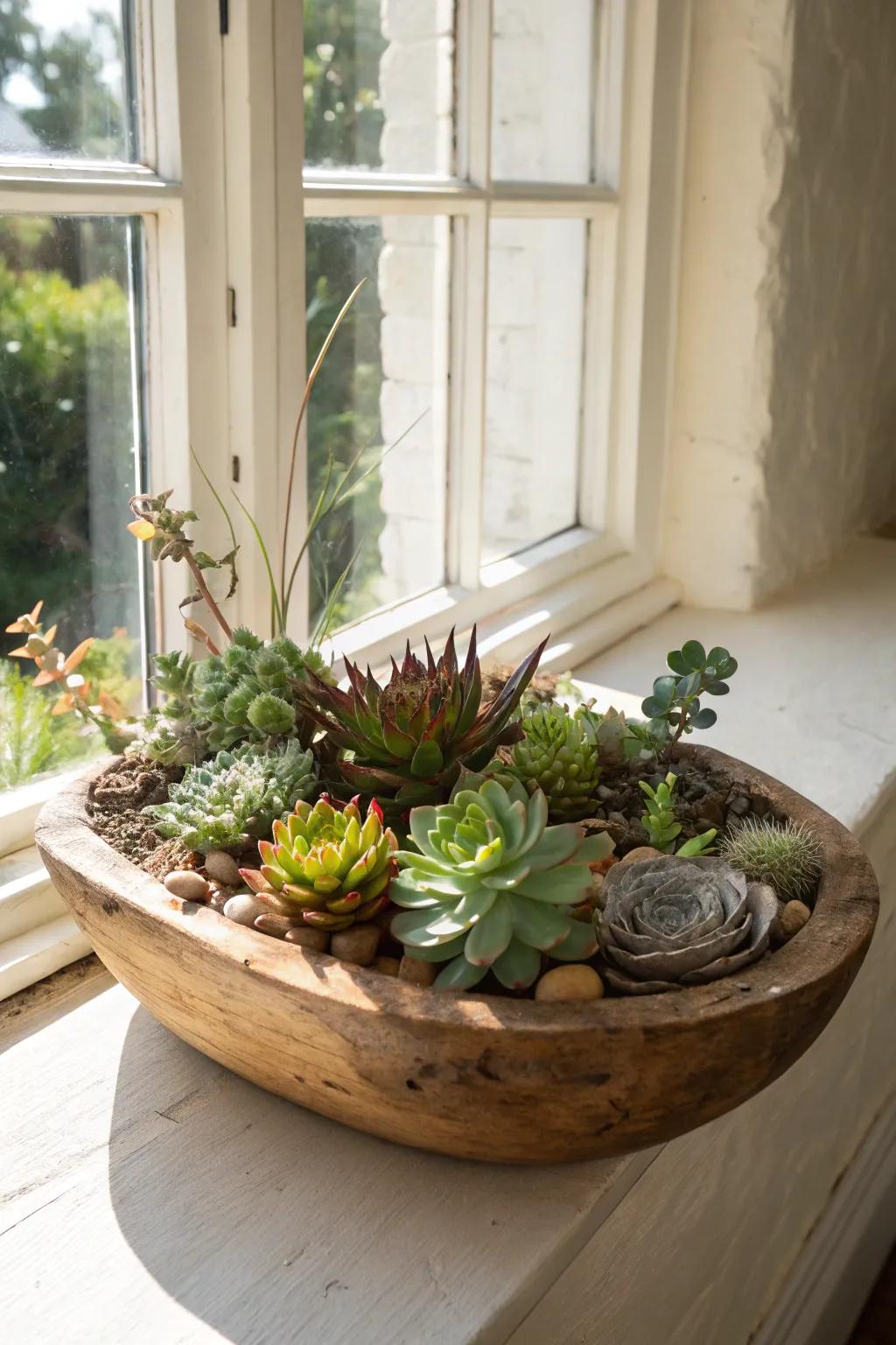 Succulents in a baking dish offer modern simplicity