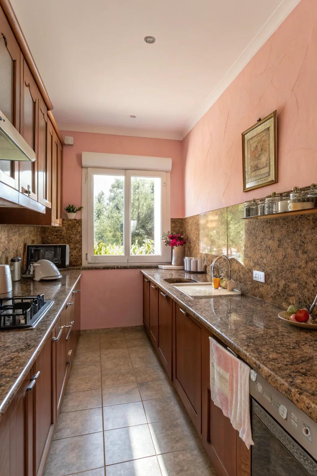 The space is given a kind and welcoming touch by soft rose walls.