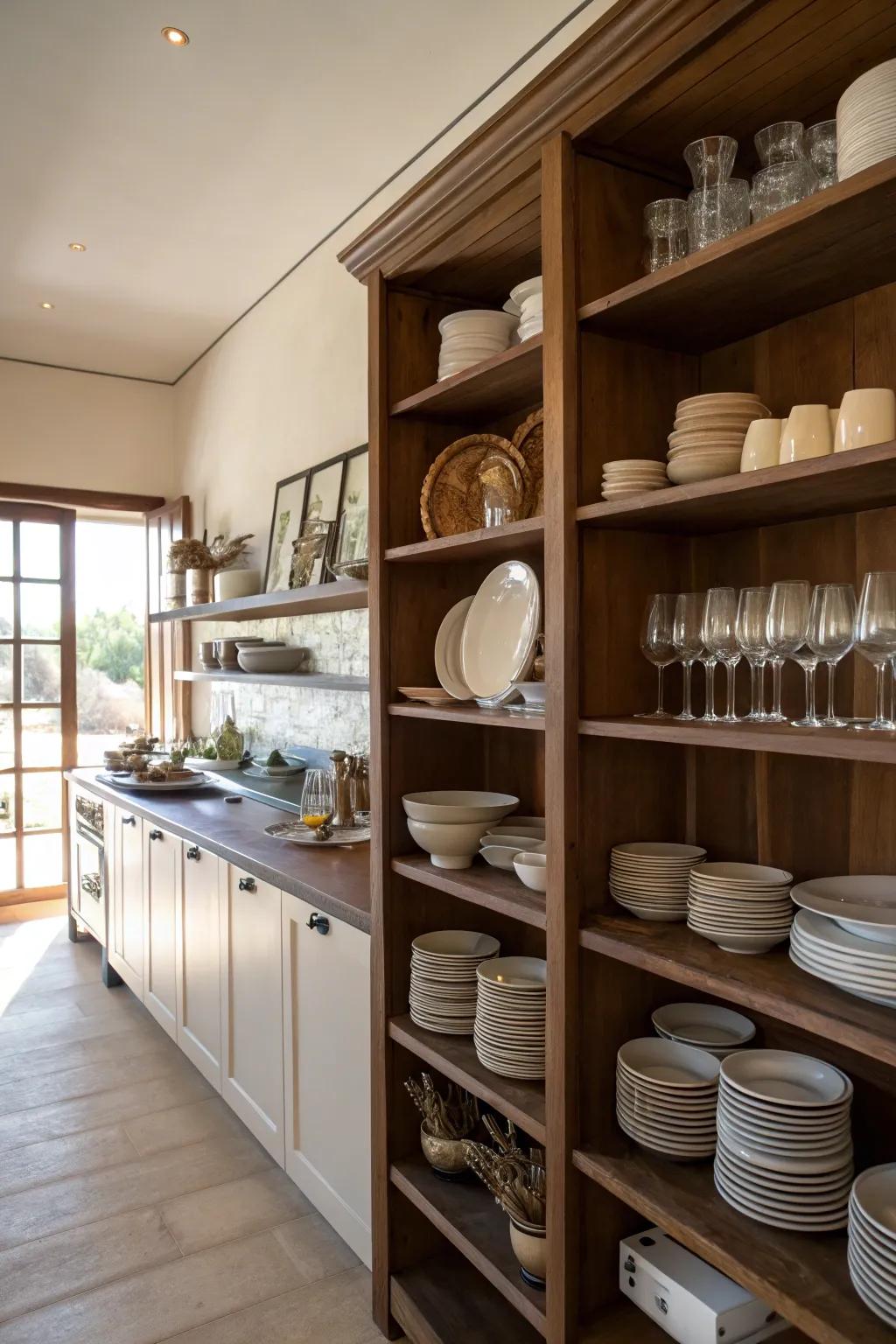 Exposed shelving in sienna tones contributes style and practicality.
