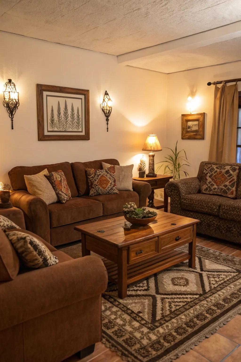 Warm lighting heightens the snug sensation of a brown lounge.